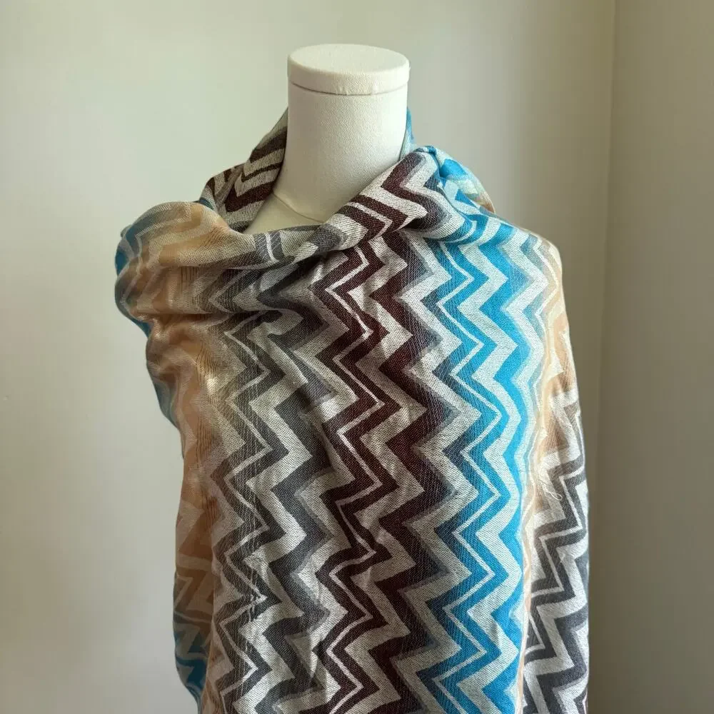 100% Pashmina Cashmere Chevron Blue Beige and Brown Scarf